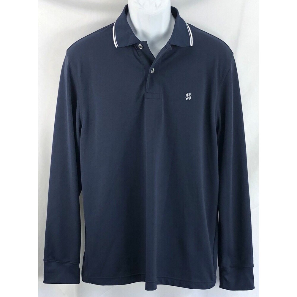 Izod Performance Polo Shirt M Blue 2 Button LongSleeve Contrast Trim Preppy Golf